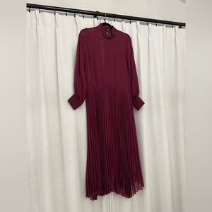 Zara Burgundy Pleated Long-Sleeve Midi Dress